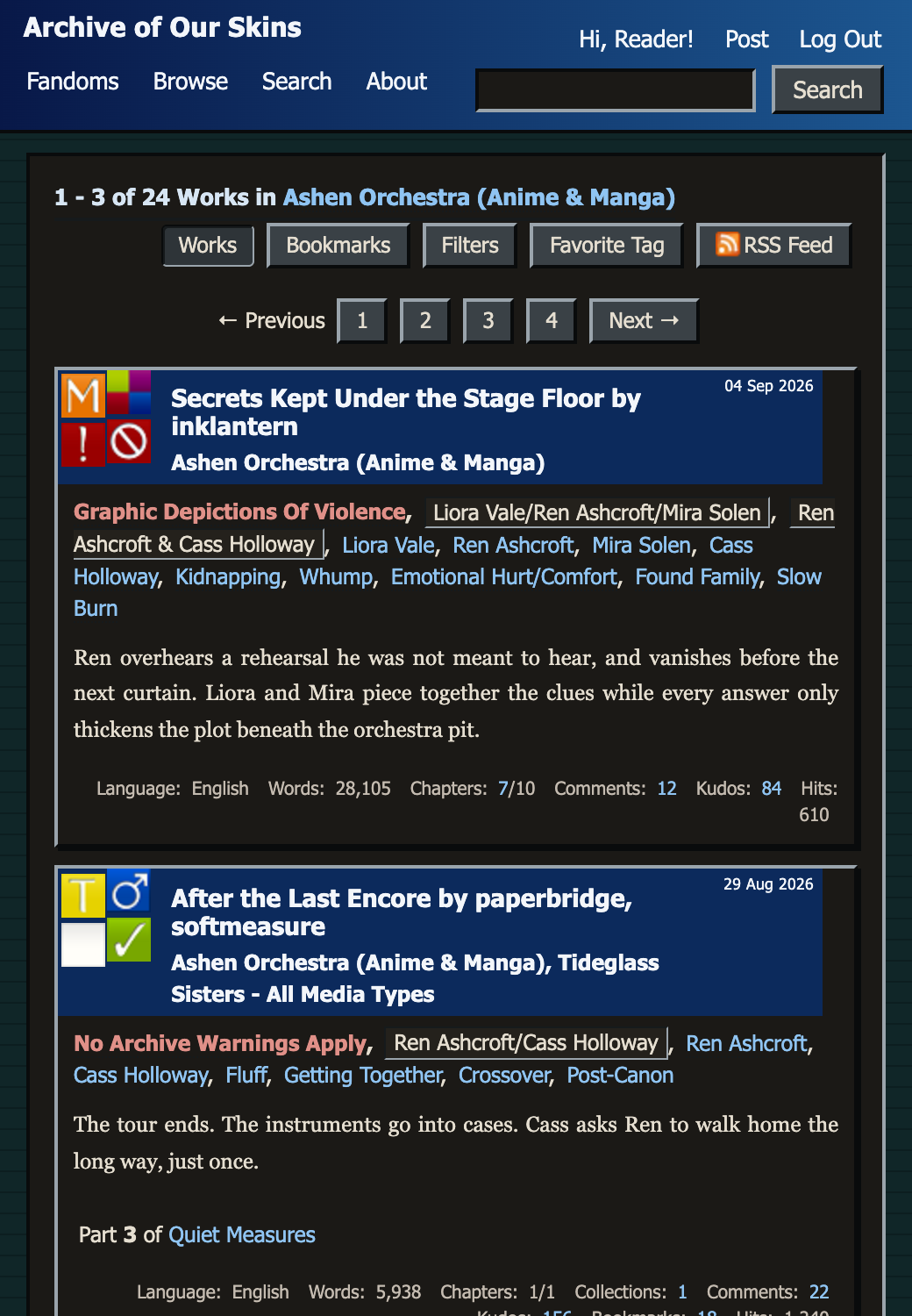 AO3 works page styled with the Retro Windows 98 dark skin