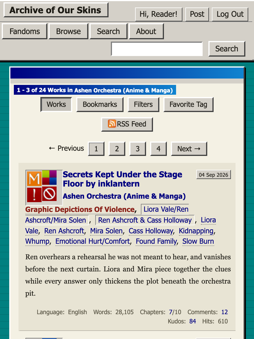 AO3 works page styled with the Retro Windows 98 light skin